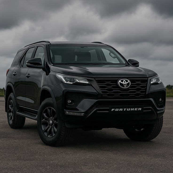 A black Toyota Fortuner under a heavy grey sky
