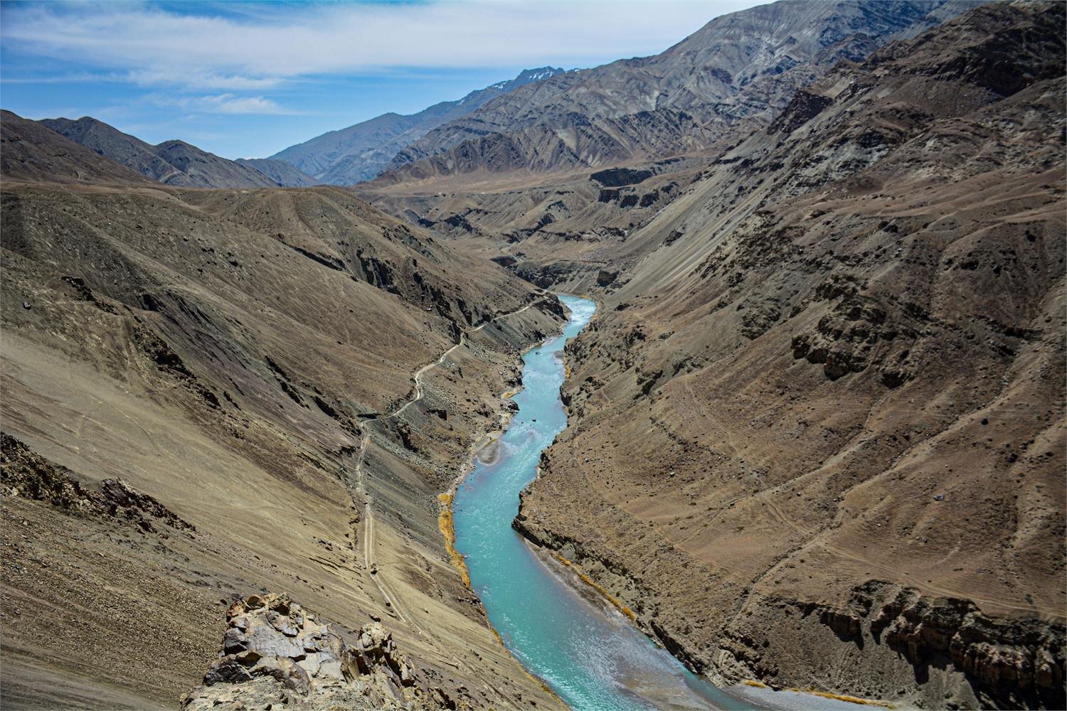 The Zanskar valley with its river and scattered village fields